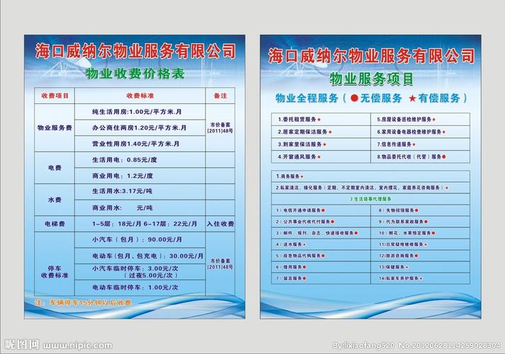 物业收费价格表 物业管理项目